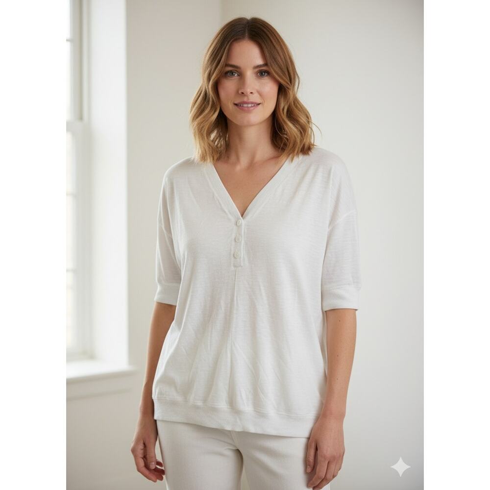 J.Jill Women’s White 3 Button V-Neck Cap Sleeves Side Slit Waist Size Large